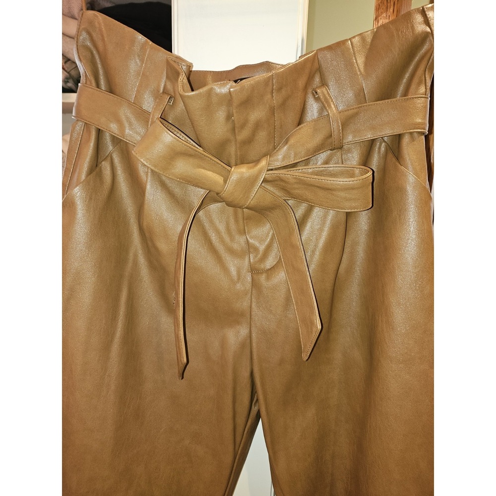 Cognac Brown Faux Leather Pants. Paperbag Waist W Tie Belt. pockets. Sz Med